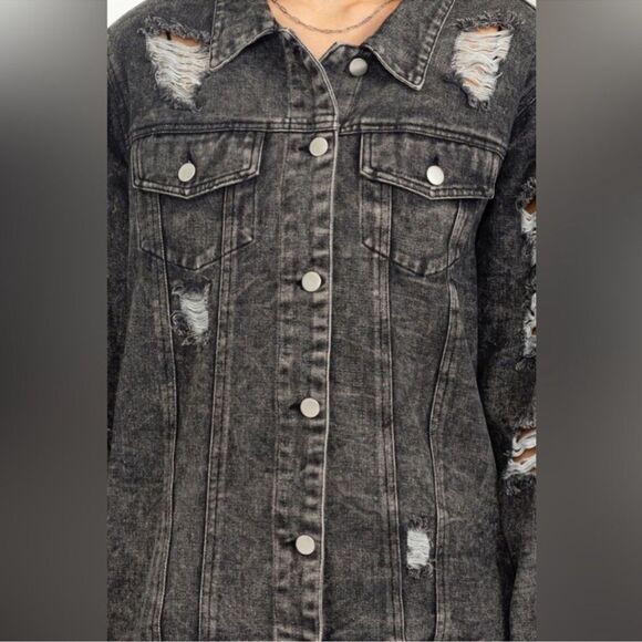 HYFVE Tess Acid Washed Distressed Denim Jacket in Black Denim 100% Cotton Size S - Picture 5 of 10